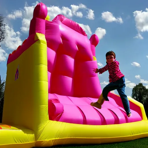 Image similar to photo of a 1 2 foot high big foot on a jumping castle with scared children