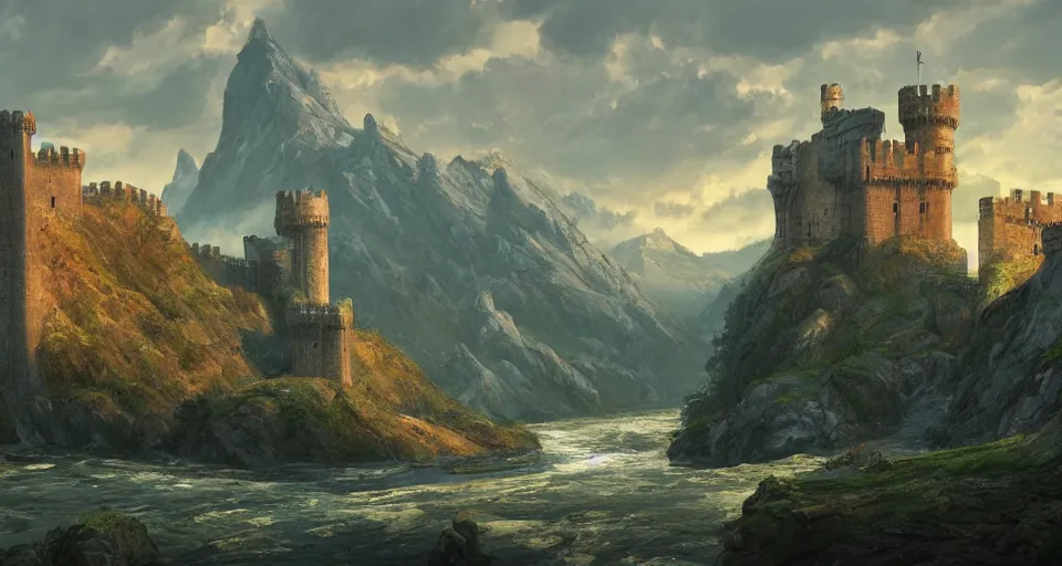 Prompt: A magnificent castle on the stretches of a vast land, fancy crenellations and sturdy reinforced walls looking, rivers and ocean, high mountains, painted in the style of concept artist Michael Kus, 4k