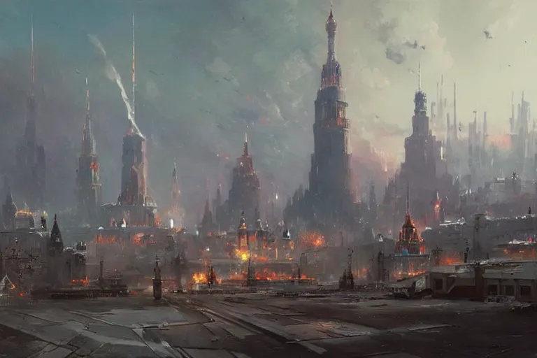 Prompt: distopian russian city in the future with red square in background soviet spaceships in the sky, by greg rutkowski