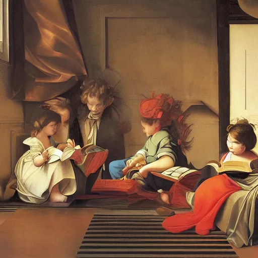 Prompt: minimalist photorealistic beautiful modern painting of beautiful children reading books in an elaborated rich maximalist hyperdetailed futuristic room. in the style of Caravaggio with flemish baroque elements, vibrant shiny textures in soft pastel tones. matte background. HD 8x