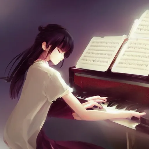 Image similar to anime girl Playing the Piano instrument , digital Art, Greg rutkowski, Trending cinematographic artstation