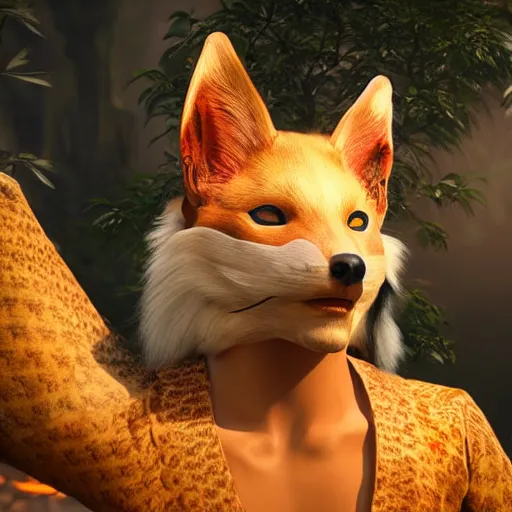 Image similar to a beautiful male holographic spirit wearing a kitsune mask made of wood of a sacred tree, detailed and intricate, cinematic, elegant, realistic, unreal engine 5, movie still