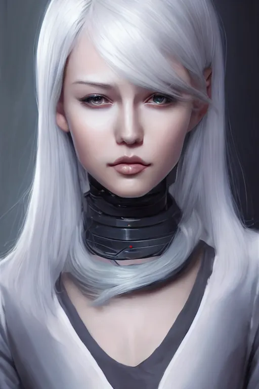 Prompt: a portrait of a scientist android girl with silver hair wearing grey suit by artgerm and wlop and krenz cushart, painterly