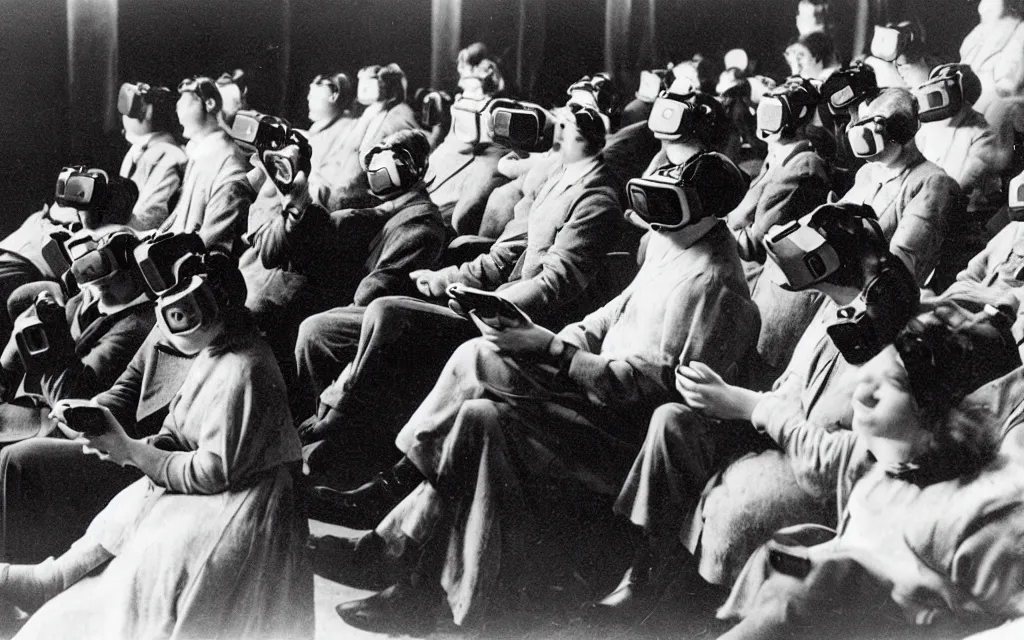 Image similar to 1 9 0 0 s photo of people using iphones ipods virtual reality headsets vr watching hd tv in a movie theater