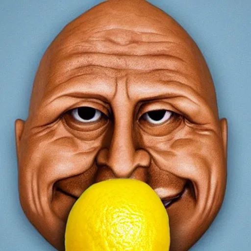 Prompt: a lemon sculpted in the shape of Dwayne Johnson's head