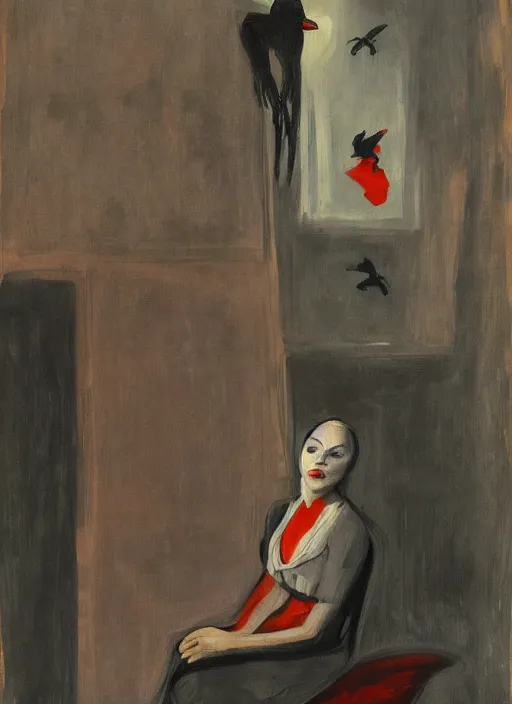 Prompt: a painting of AnnaSophia Robb, frozen cold stare, blood red background, transparent gray dress, crows as a symbol of death, in style of Edward Hopper, John Singer Sargant, Chaim Soutine, surrealism of Francis Bacon, American Gothic, 8k, ultradetailed