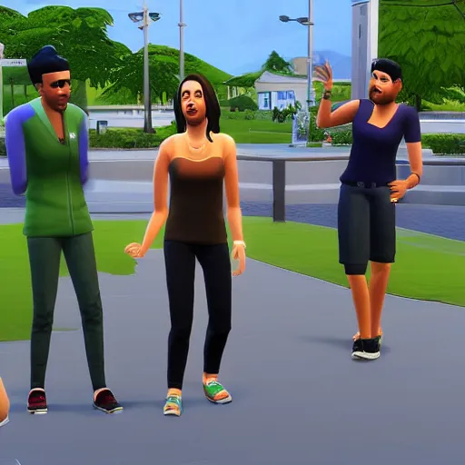 Prompt: trashcan people have legs and walk around in The Sims gameplay