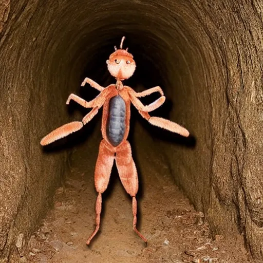 Image similar to humans wearing realistic ant costumes in an underground dirt tunnel