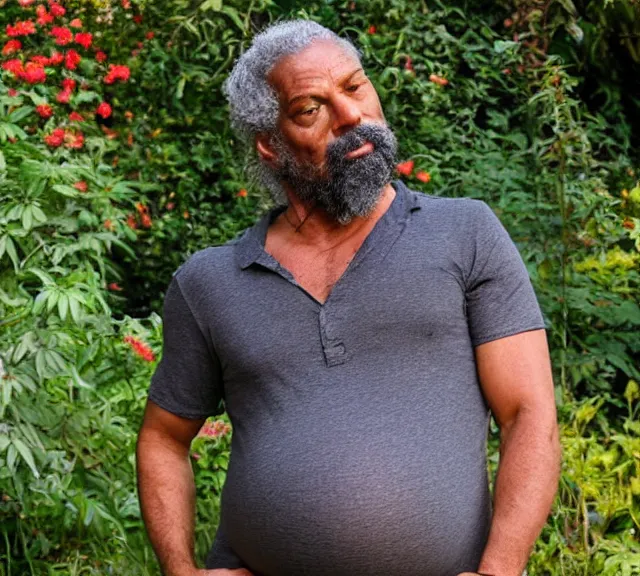 Image similar to mr robert smoke weed and meditate in the garden, he has dark grey hairs, detailed glad face, muscular chest, pregnant belly, golden hour closeup photo, red elegant shirt, eyes wide open, ymmm and that smell