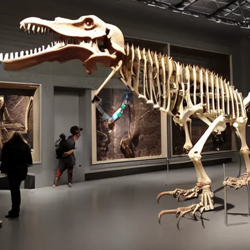 Prompt: the skeleton of a dachshund tyrannosaurus rex in a museum. Tourists are looking