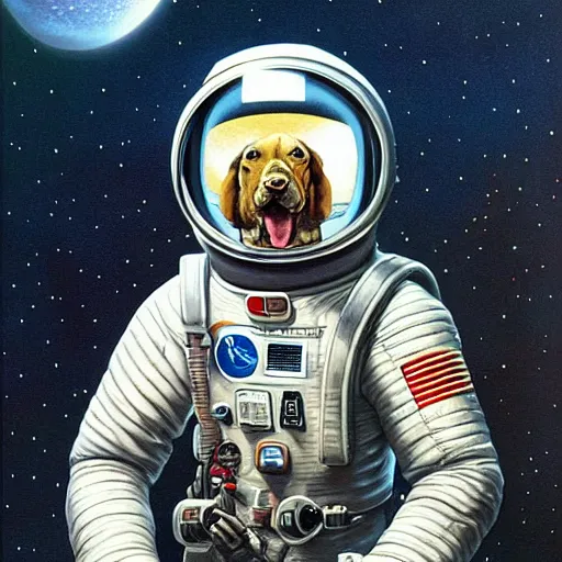 Prompt: peter elson painting of a tough anthropomorphic dog in a space suit