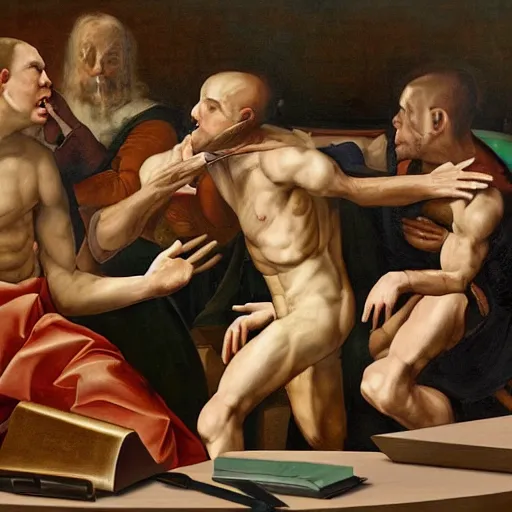 Image similar to three clones of Alex Jones of InfoWars fighting in a courtroom, renaissance painting, extremely detailed