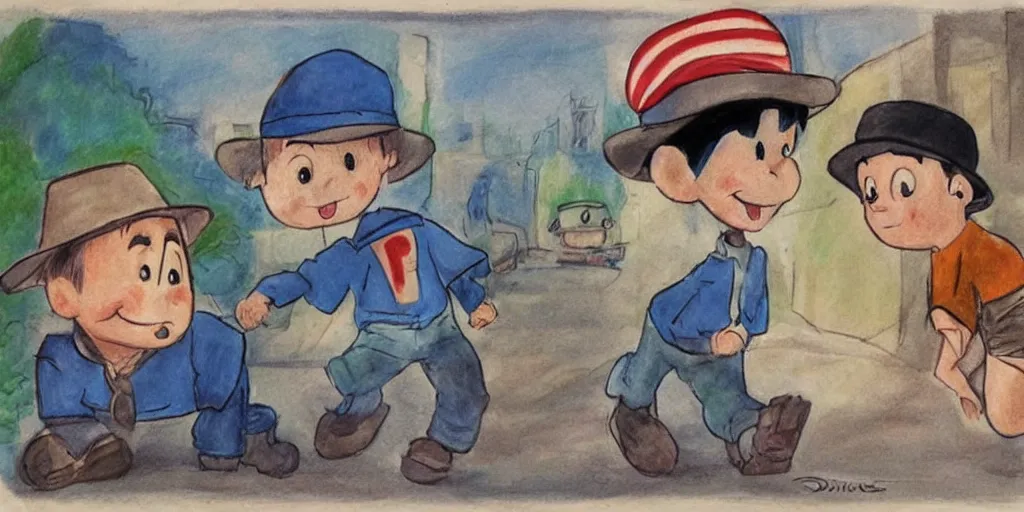 Image similar to A little boy in a hat drawn in the style of realism tells a story to his sister in the style of Disney that he saw a man on the moon who puts photos of fallen Marvel heroes of the Soviet Union on the roads, art 4k