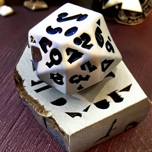 Image similar to d20 made of teeth, dnd, dice, dungeons and dragons, skeletal, boney, fangs, bite, gaming, in the style of museum collection, artifacts, eldritch, monster manual,