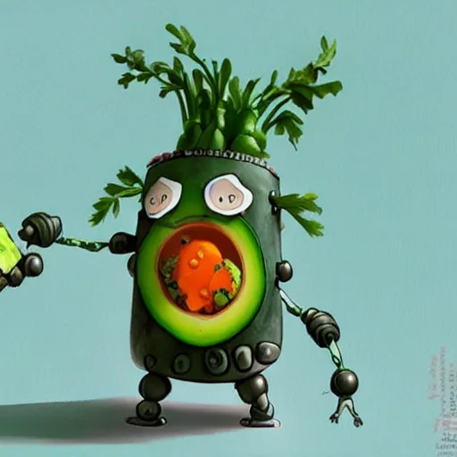 Prompt: robot made of vegetables with big avocado head and a carrot sword, made in abyss style