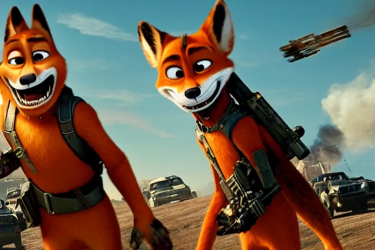 Image similar to nick wilde, heavily armed and armored facing down armageddon in a dark and gritty reboot from the makers of mad max : fury road : witness me