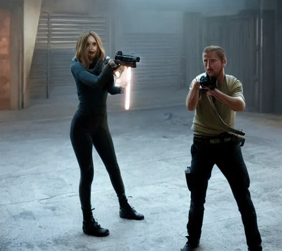 Prompt: a movie still of ana de armas aiming a gun with ryan gosling in the movie blade runner 2 0 4 9