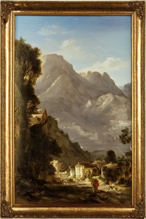Image similar to a beautiful oil painting of a quaint village with mountains by Bartolomé Esteban Murillo