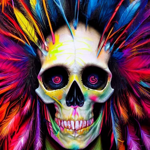 Image similar to art portrait of skeleton with colorful feathers exploding out of head,8k,by tristan eaton,Stanley Artgermm,Tom Bagshaw,Greg Rutkowski,Carne Griffiths,trending on DeviantArt,face enhance,hyper detailed,minimalist,full of colour