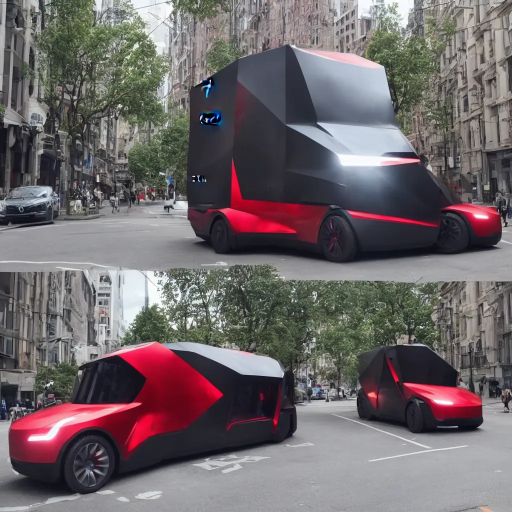 Prompt: tesla cybertruck on a street,