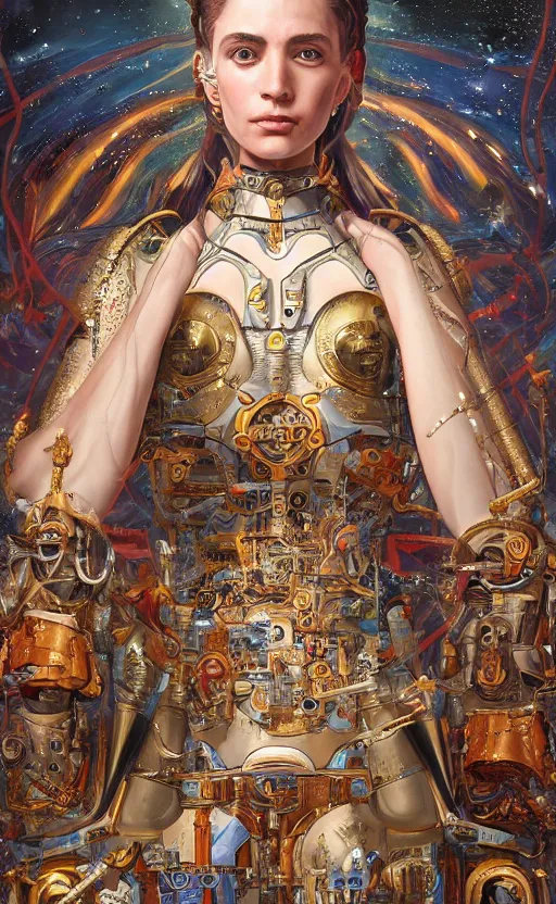 Image similar to mural of a young cyborg woman, beautiful royal gown, sci fi weapon, royal ornaments, reaching towards the heavens, sci fi world, holy imagery, highly detailed, beautiful colors, renaissance mural, mural in the style of sandro boticceli, sandro boticceli