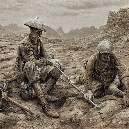 Image similar to ultra detailed photorealistic sepia - toned painting from 1 9 1 7, three british soldiers standing at an archaeological dig site in wadi rum, ultra realistic, painted, intricate details, lovecraft, atmospheric, dark, horror, brooding, highly detailed, by dave dorman