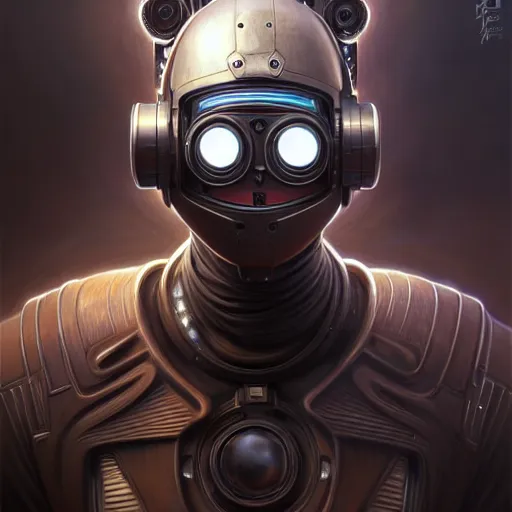 Image similar to front shot of a cyberpunk gazmask robot character, intricate, elegant, highly detailed, centered, digital painting, artstation, concept art, smooth, sharp focus, illustration, artgerm, Tomasz Alen Kopera, Peter Mohrbacher, donato giancola, Joseph Christian Leyendecker, WLOP, Boris Vallejo