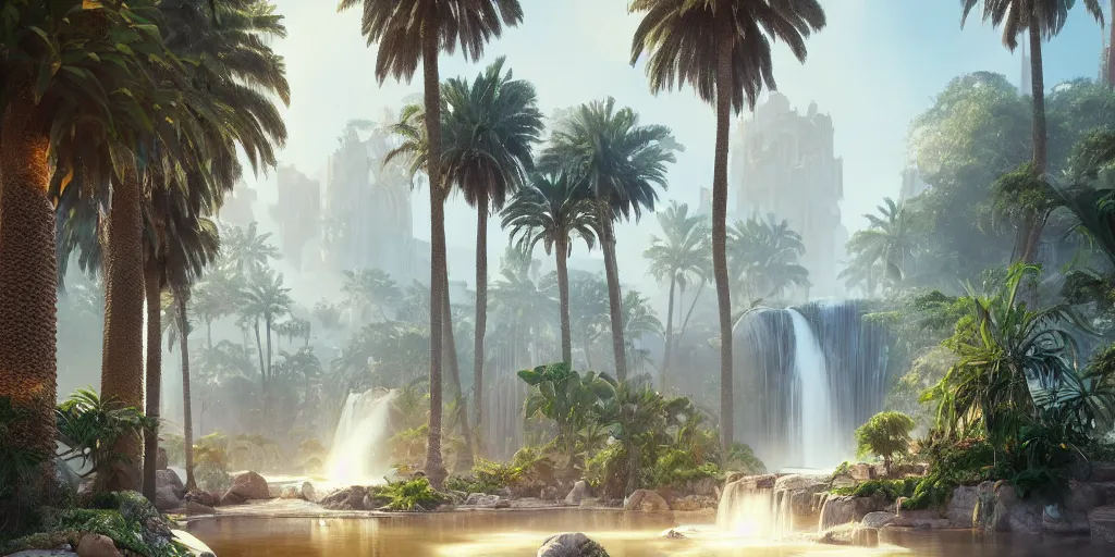 Image similar to beautiful oasis waterfalls surrounded by palm trees, moroccan tile archways, date trees, ivory towers, sun setting, ross tran, nephilim, pyroclastic flow, ethereal, fantasy, james jean, oozium, peter morbacher angelarium alchemy luxury heavenly light soft illumination, trending on artstation, cinematic lighting, digital painting, octane render, artgerm