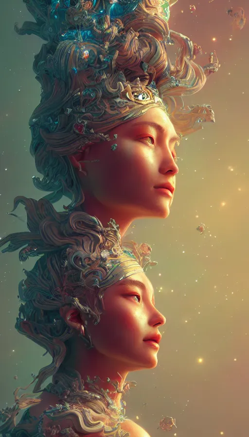 Image similar to a beautiful goddesses, planets crashing, highly detailed, profile, dreaming, digital painting, refreshing, trending on artstation, octane render, illustration by james jean