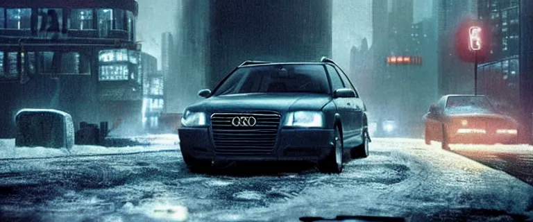 Prompt: Audi A4 B6 Avant (2002), a gritty neo-noir, dramatic lighting, cinematic, establishing shot, extremely high detail, photorealistic, cinematic lighting, artstation, by simon stalenhag, Max Payne (PC) (2001) winter new york, eldritch horror
