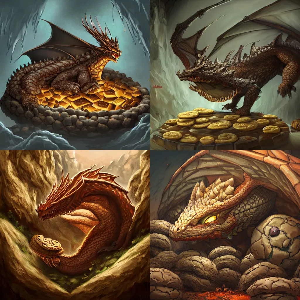 Prompt: a large dragon sleeping on top of a hoard of chocolate chip cookies in a cavern, detailed, trending on artstation