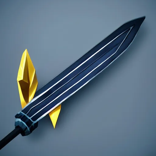 Image similar to black sword blade with golden hilt, icon, isometric, vector, low poly, blue background, cgsociety, volumetric lighting