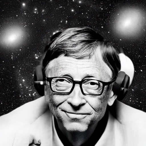 Prompt: album cover featuring bill gates in an outer space void