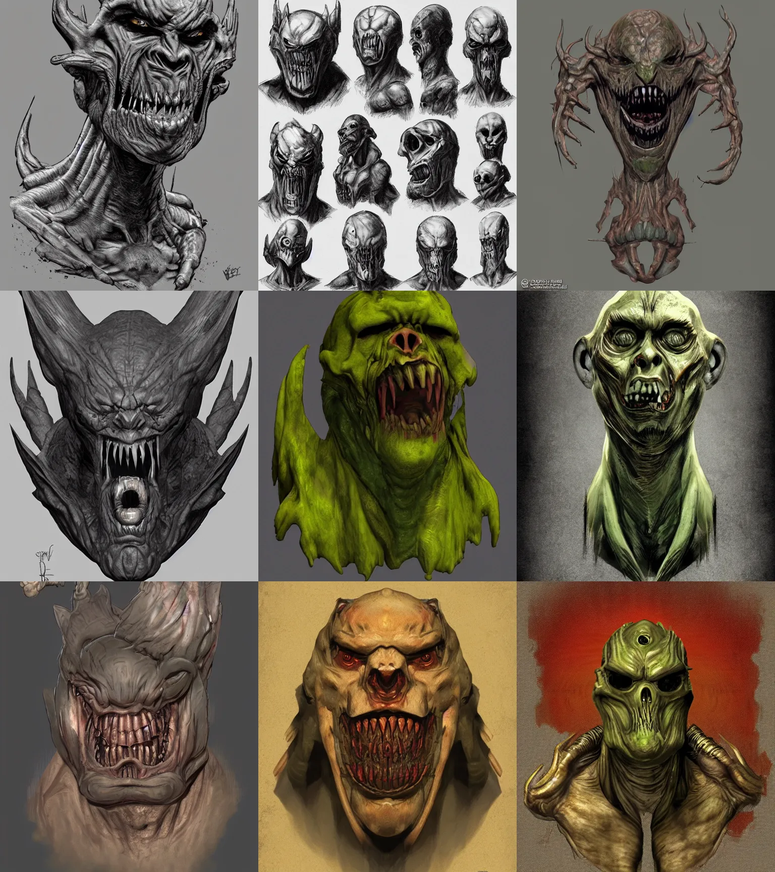 creature bust, horror, concept art, doom 3
