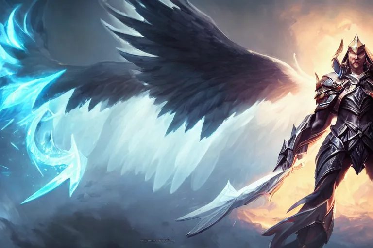 Image similar to amazing portrait of archangel micheal, league of legends splash art, deiv calviz, splash art, natural light, elegant, intricate, fantasy, atmospheric lighting, by greg rutkowski, league of legends splash art, hd wallpaper, ultra high details