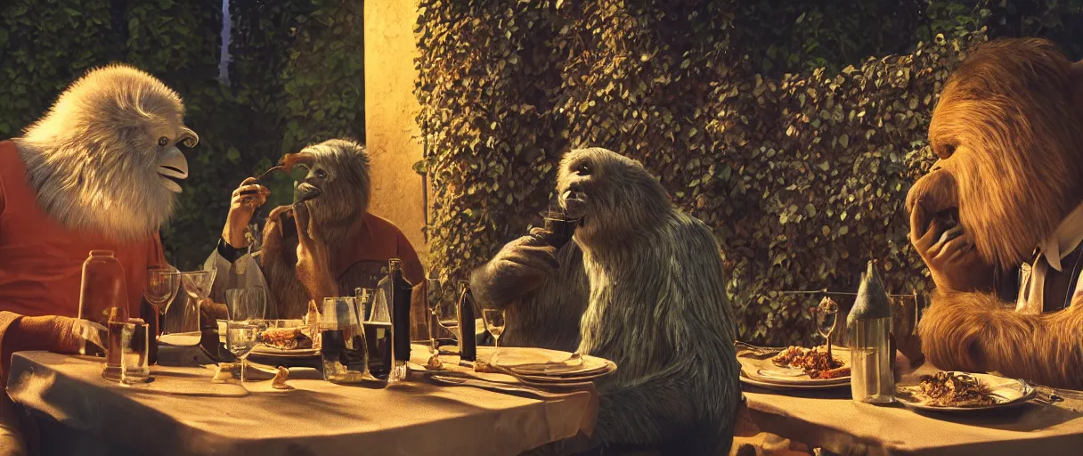 Prompt: accidentally wes anderson award - winning photograph of yeti and bigfoot eating lung outside paris restaurant, accidental renaissance, golden ratio, fibonacci composition, 4 k, detailed, art by greg rutkowsky, trending on artstation, cinematic lighting, filmic grain, golden hour, detailed, 4 k