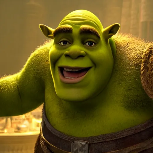 Image similar to film still from live action shrek movie, 8k photography - H 768