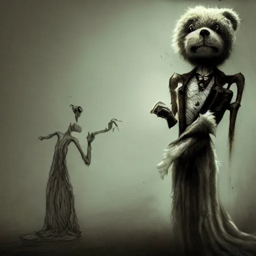 Prompt: michael karcz grunge drawing of a teddy bear . , in the style of corpse bride, loony toons style, horror themed, detailed, elegant, intricate, trending on artstation, 4k