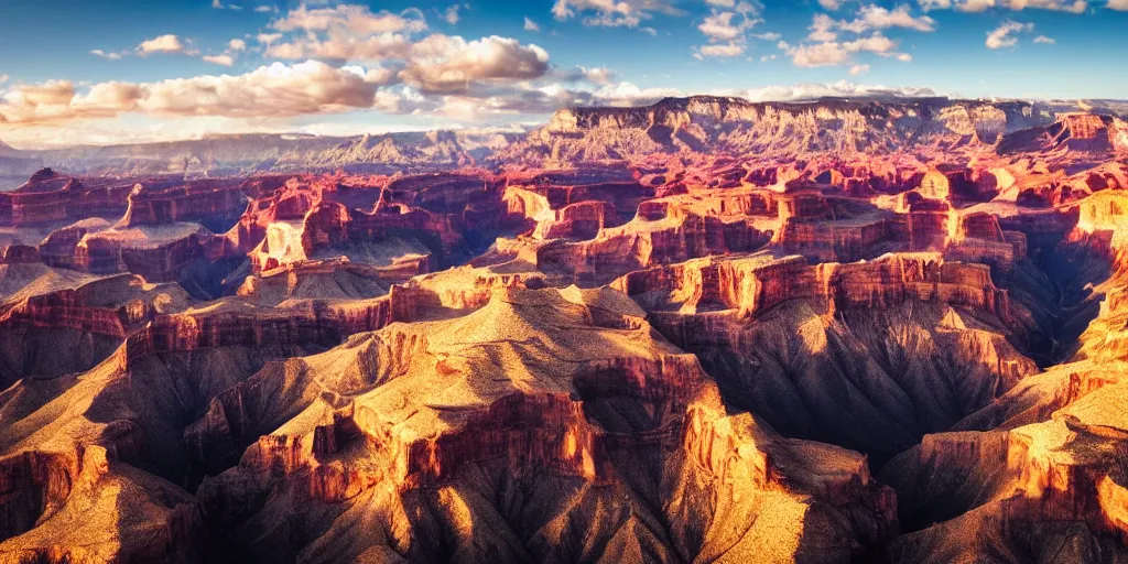 Prompt: drone shot photo of a landscape with mountains and grand canyons, wallpaper, very very wide shot, warm, national geographic, award landscape photography, professional landscape photography, sunny, day time, beautiful