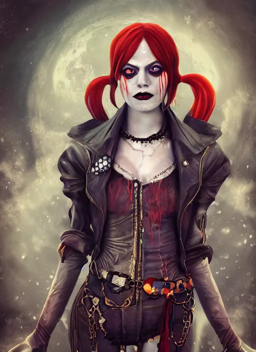 Prompt: underwater dark goth gothic steampunk portrait of emma stone as harley quinn, full moon, hyper detailed, digital art, cinematic lighting, studio quality, smooth render, unreal engine 5, octane rendered, art style by klimt and nixeu and ian sprigger and krenz cushart.