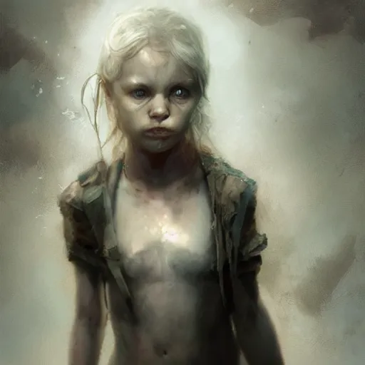 Image similar to hyper realistic photograph portrait of postapocalyptic albino girl, cinematic, artstation, cgsociety, greg rutkowski, james gurney, mignola, craig mullins, brom