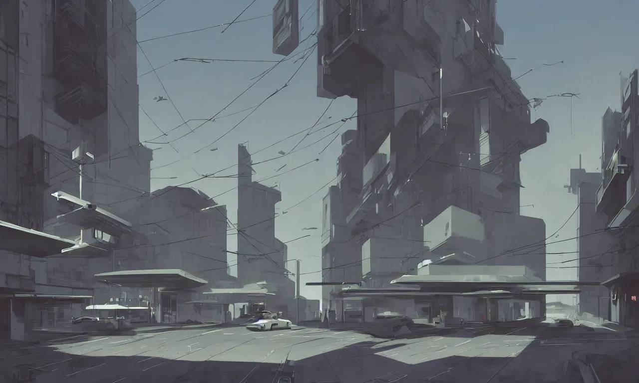 Image similar to photorealistic streetscape, simple brutalist architecture, metal, concrete, white neon lights, neon signs, flying vehicles, pedestrians, no wires, no powerlines, greg rutkowski, syd mead, ralph mcquarrie, concept art, matte painting, finely detailed, minimal artifacts, rule of thirds, dynamic lighting, cinematic, denoised, centered, artstation