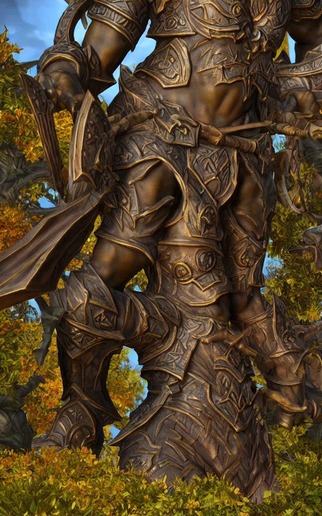 Image similar to detailed photo of old bronze patina statue of various characters of wow rpg game, super highly detailed, full body view, various poses, au blurry distant background with garden of ancient castel, photorealism, intricate detail, museum diffuse lighting, autumn sunlights