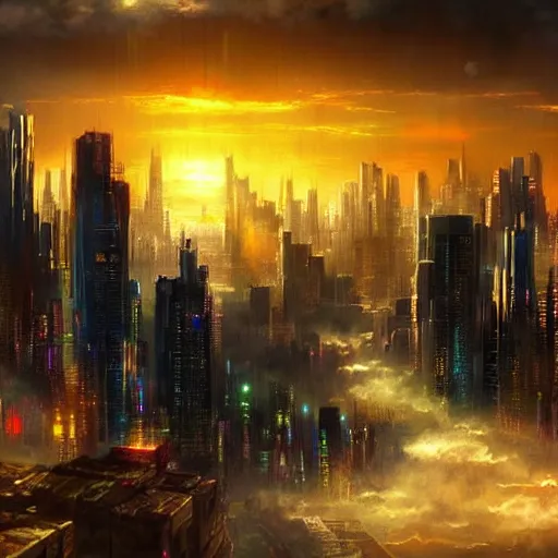 Image similar to beautiful cyberpunk cityscape, sun setting, volumetric clouds, painting by bob ross