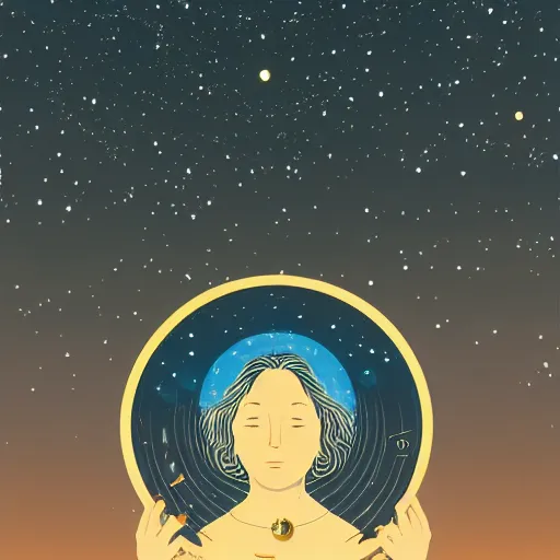 Image similar to closeup of a womans face wearing a neckless with a glowing planet Saturn as the pendant, the rings are glowing around the planet, the woman's hand reaching for the pendant, flat design, screen print by kawase Hasui and Dan hillier, 8k