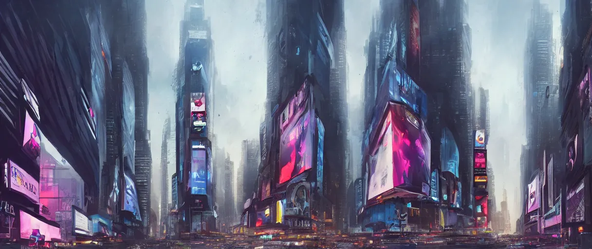 Image similar to huge modern downtown city, billboards, Times Square, dark, concept art, digital painting, style of jordan grimmer, warm lighting, futuristic, volumetric lighting, view from below, daytime, godrays , high detail