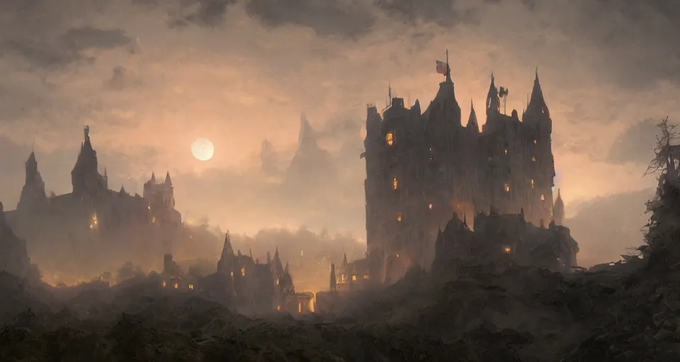 Image similar to an old castle rising up from the mist at night silhouetted by a single huge bloodmoon, anders zorn, stephen hickman, thomas kincade, brutalist, James Paick, Julian Falat, ultra realistic, trending on artstation, lava, dungeons and dragons, warm saturated colors, spooky, haunted