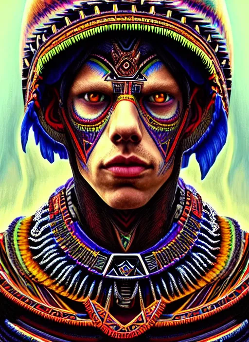 Image similar to portrait of jesse eisenberg, hyper detailed ultra sharp aztec shaman warrior. trending on artstation, warpaint aesthetic, bloodwave, colorful, psychedelic, ornate, intricate, digital painting, concept art, smooth, sharp focus, illustration, art by artgerm and greg rutkowski and h. r. giger, 8 k