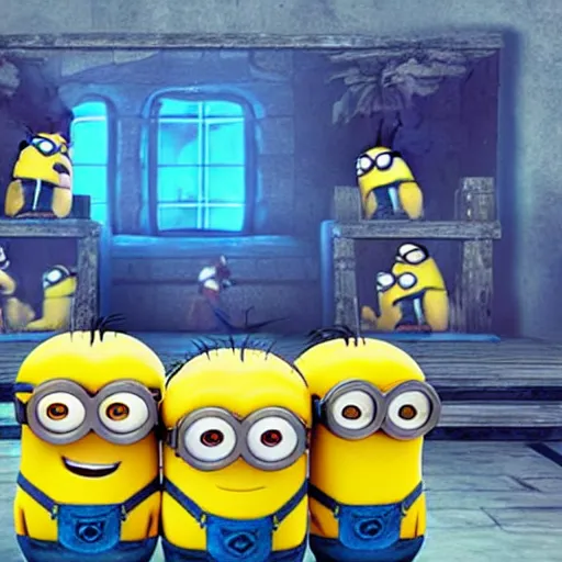 Prompt: still of a side scrolling video game featuring minions