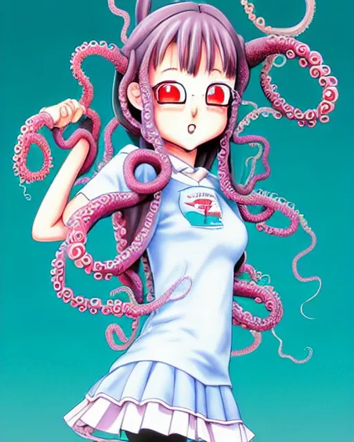Image similar to a pretty teenage girl as a cute prep highschool student is thrilled to be enveloped clawed tentacles. 3D shadowing effect, ultra ornate detail. masterfully illustrated by Akira Toriyama and Mina Petrovic and Range Murata.